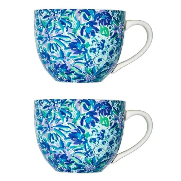LILLY PULITZER Teal Blue & Green Ceramic Mug Set (2 Piece) SO PRETTY & NEW! - Picture 1 of 7